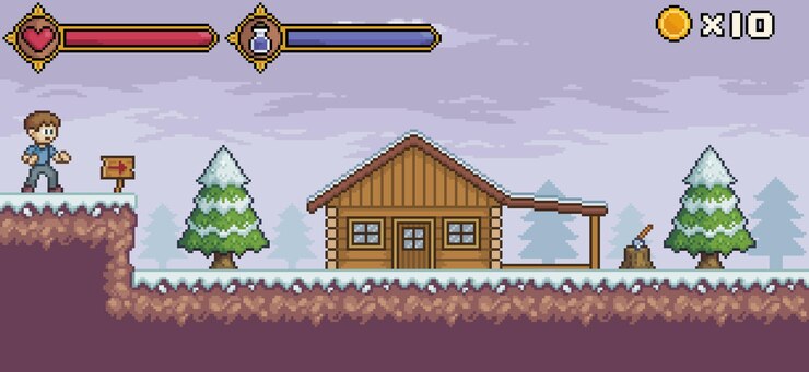 Vector escena de juego de pixel art con personaje, barra de vida y fondo de vector de maná para juego de 8 bits