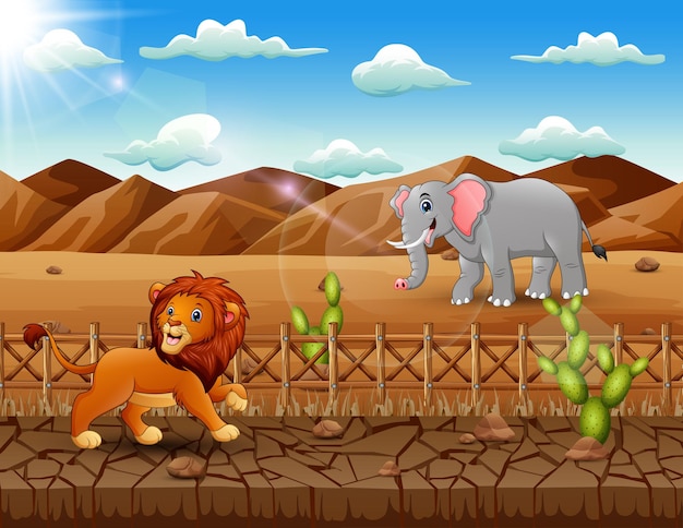 Escena con león y elefante en la ilustración de tierra seca