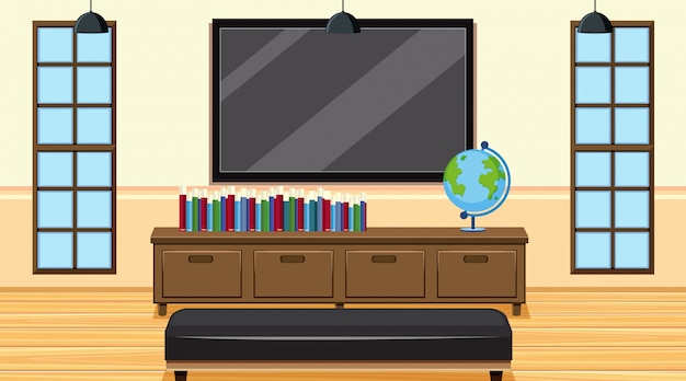 Escena con libros y televisión de pantalla grande en la habitación.