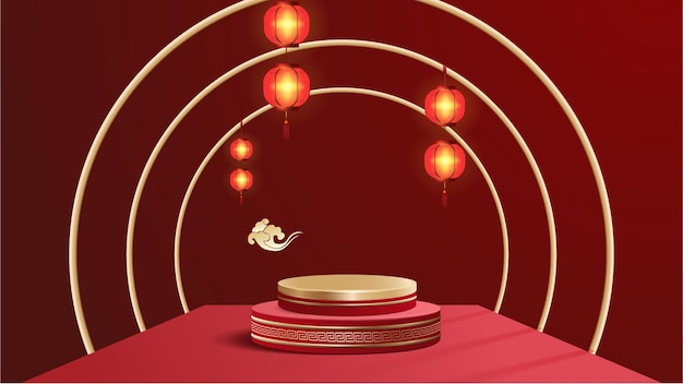 Escena de maqueta mínima abstracta. podio para mostrar la exhibición de productos. pedestal o plataforma de escenario. fondo rojo y dorado del año nuevo chino. vector 3d