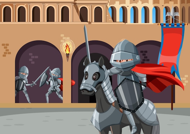 Vector escena medieval con caballero a caballo