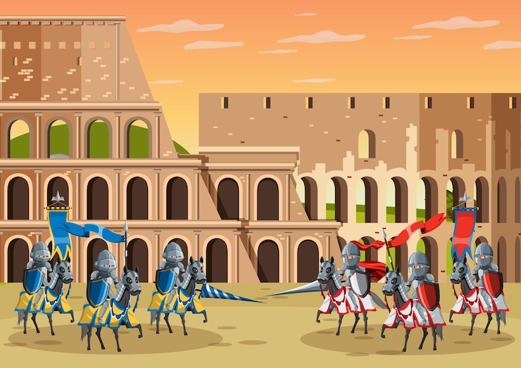 Vector escena medieval con caballeros armados.