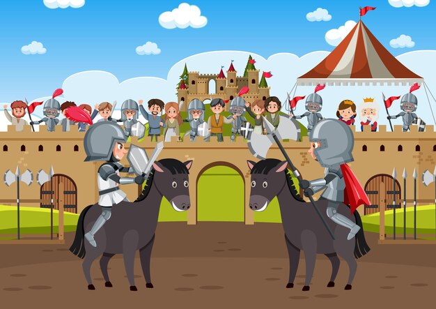 La escena medieval con dos caballeros en armadura está luchando