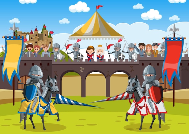 Vector escena medieval con guerreros de armadura en batalla.