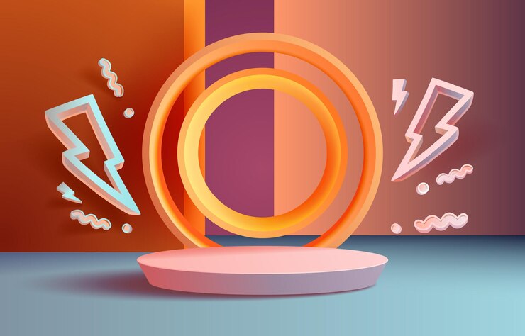 Vector escena mega venta el símbolo del rayo súper oferta podio banner pedestal mínimo ilustración vectorial