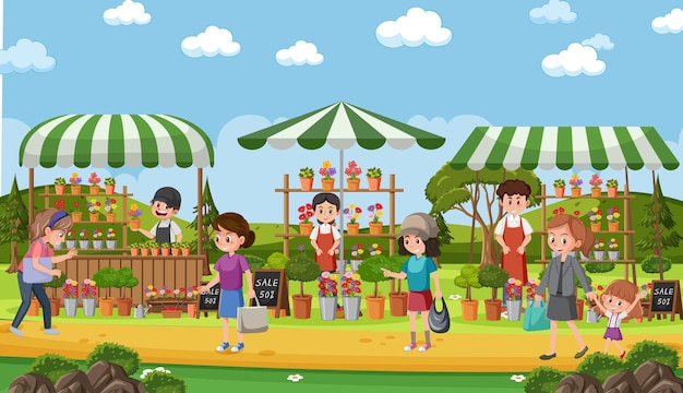 Escena del mercado de pulgas al estilo de dibujos animados