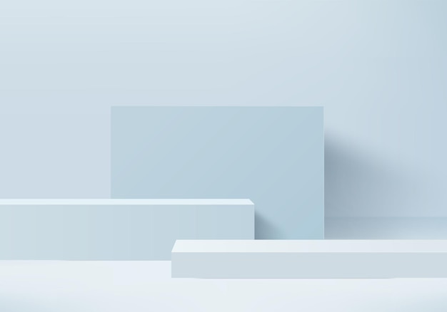 Escena mínima abstracta de cilindro con plataforma geométrica. renderizado 3d de fondo con podio. Escaparate de escenario en pedestal moderno estudio 3d azul pastel