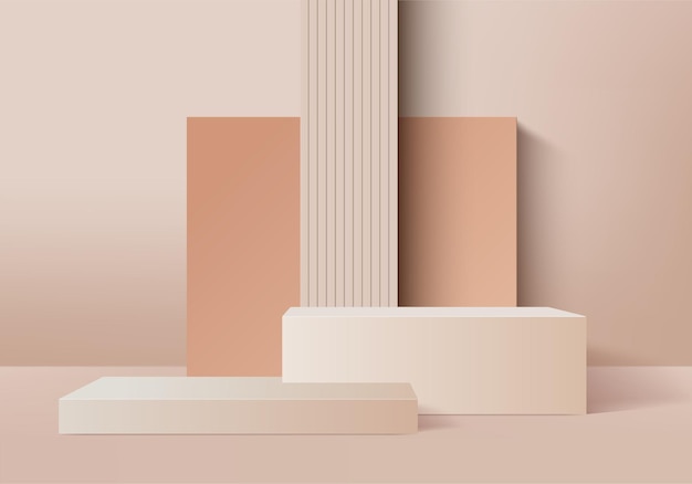 Escena mínima abstracta de cilindro con plataforma geométrica. Representación 3d de fondo de verano con podio. Stand para mostrar productos cosméticos. Escaparate de escenario en pedestal moderno estudio 3d beige pastel