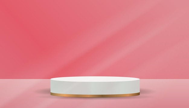 Escena mínima abstracta con podio de cilindro de formas geométricas en fondo rosa