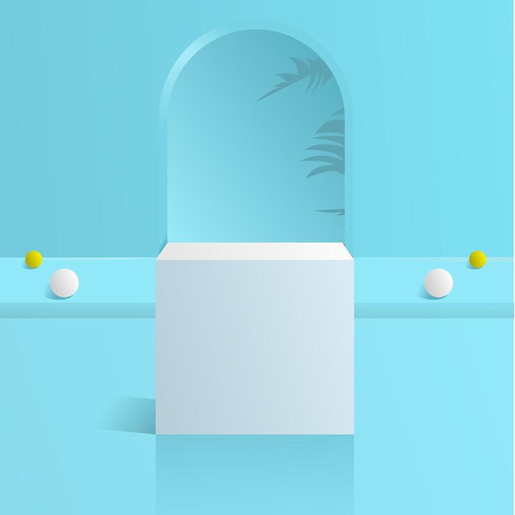 Escena mínima abstracta con podio de formas geométricas con azul claro.