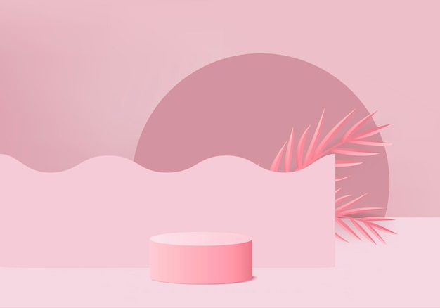Escena mínima abstracta del producto de la exhibición 3d con la plataforma geométrica del podio. Fondo de cilindro Representación 3d con podio. Escaparate de escenario en pedestal 3d pink studio