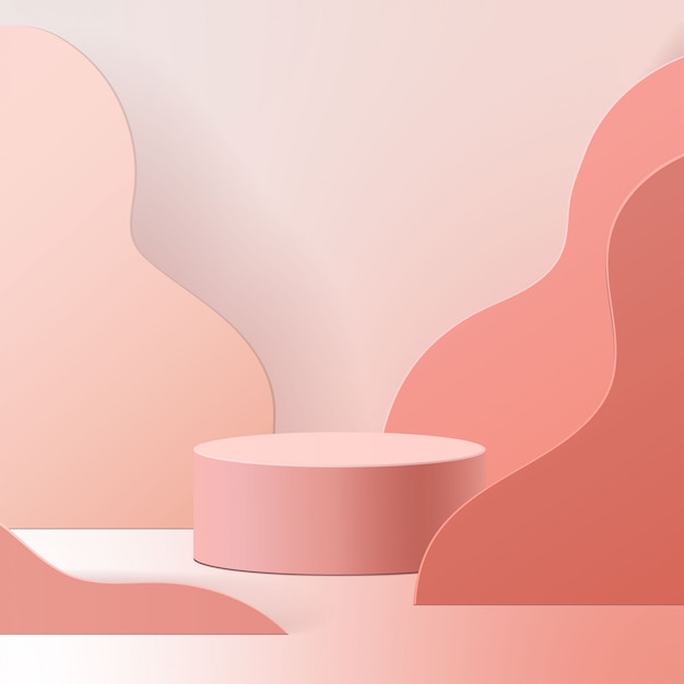 Escena mínima con formas geométricas. Podio del cilindro en fondo rosa. Escena para mostrar productos cosméticos, escaparate, escaparate, vitrina. Ilustración 3d