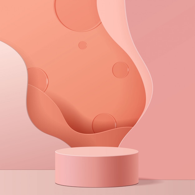 Escena mínima con formas geométricas. Podio del cilindro en fondo rosa. Escena para mostrar productos cosméticos, escaparate, escaparate, vitrina. Ilustración 3d