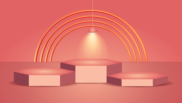 Una escena mínima con formas geométricas. Podio hexagonal en fondo rosa suave.