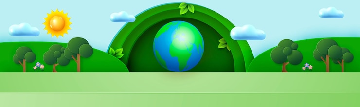 Vector escena mínima con un marco redondo en tonos verdes contra un cielo nublado planeta árboles flores escenario para exhibición de demostración de productos composición para el día de la tierra ilustración vectorial