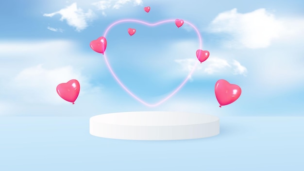 Escena mínima con podio cilíndrico blanco y globos voladores en forma de corazón contra el cielo Marco en forma de corazón Muestra de escena de exhibición de productos de belleza Vector