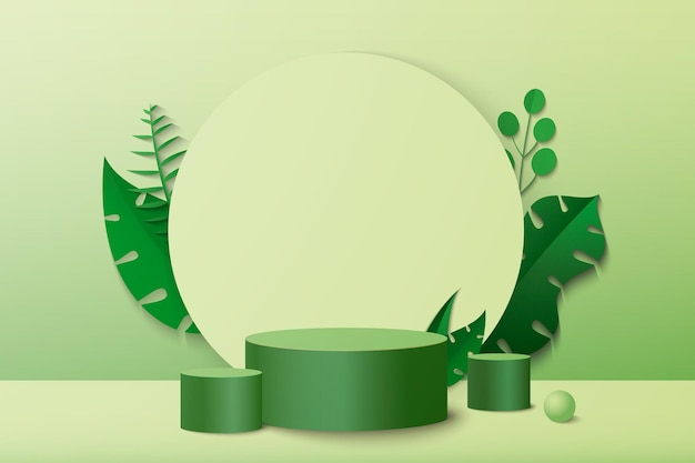 Escena minimalista abstracta con formas geométricas podio cilíndrico en fondo verde con hojas de plantas verdes