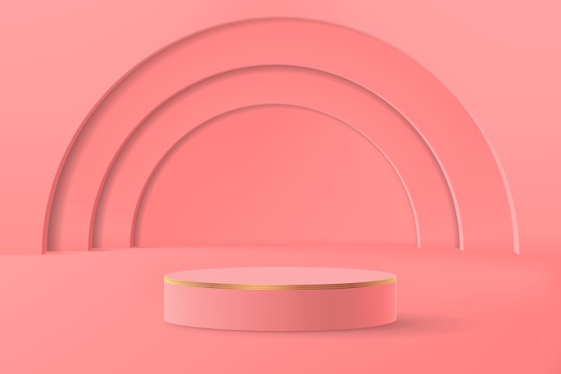 Escena minimalista abstracta con formas geométricas. Podio cilíndrico vacío para escaparate de producto en tonos rosados con arcos al fondo.