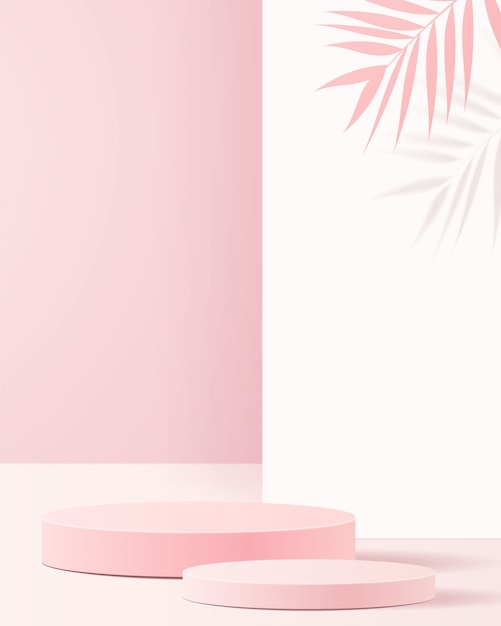 Escena minimalista con formas geométricas. Podios de cilindros en fondo rosa suave con hojas de papel en la columna. Escena para mostrar productos cosméticos, escaparate, escaparate, vitrina. .