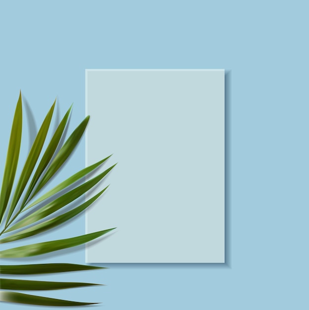 Vector escena minimalista realista con hojas tropicales y escena azul vista superior escena 3d para cosméticos