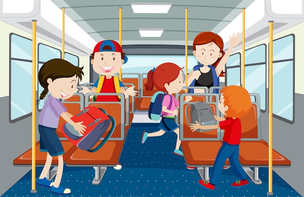 Escena con mucha gente usando transporte público.