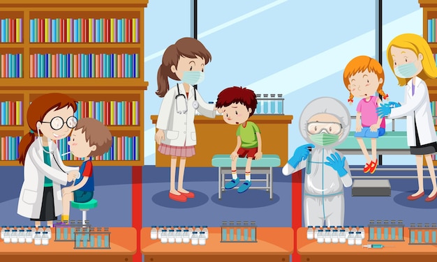 Escena con muchos niños reciben la vacuna covid-19 y muchos doctores personaje de dibujos animados