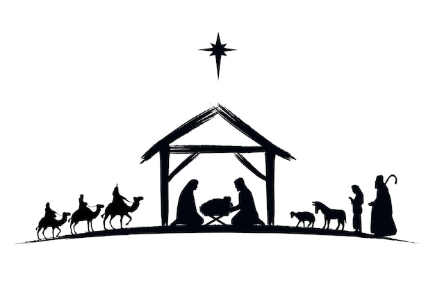 Escena de la Natividad silueta de Jesús en el pesebre, pastor y reyes magos. Cuento de Navidad de María y José