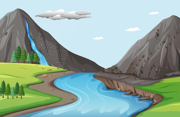 Vector escena de la naturaleza con agua cae del acantilado de piedra.