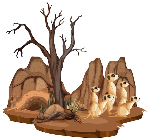 Vector escena de naturaleza aislada con familia suricata