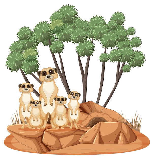 Escena de naturaleza aislada con familia suricata