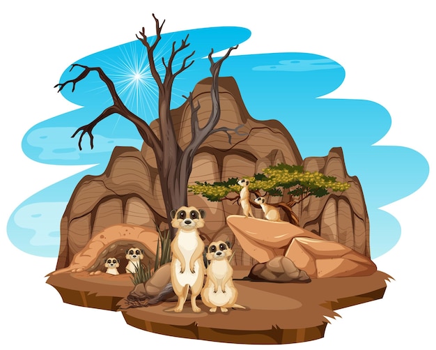 Escena de naturaleza aislada con familia suricata