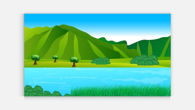 Escena de la naturaleza con árboles cielo azul colina río Un hermoso paisaje de lago Ilustración de estilo de dibujos animados de campo de vector plano del paisaje de naturaleza con árboles y montaña sobre el río