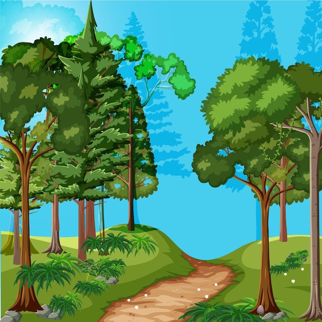 Vector escena de la naturaleza con arroyo que atraviesa el bosque.