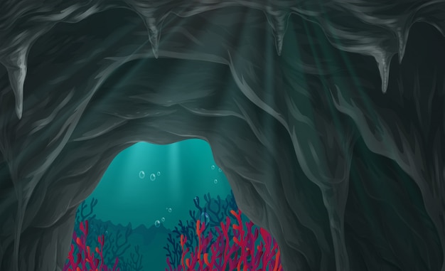 Vector escena de la naturaleza de la cueva bajo el mar