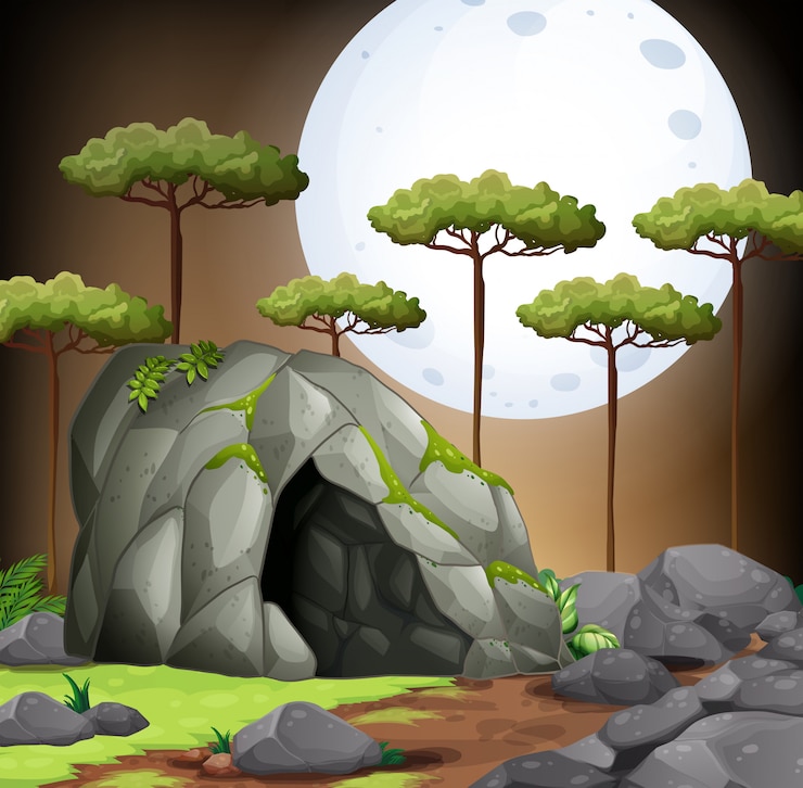 Vector escena de la naturaleza de la cueva en la noche de luna llena