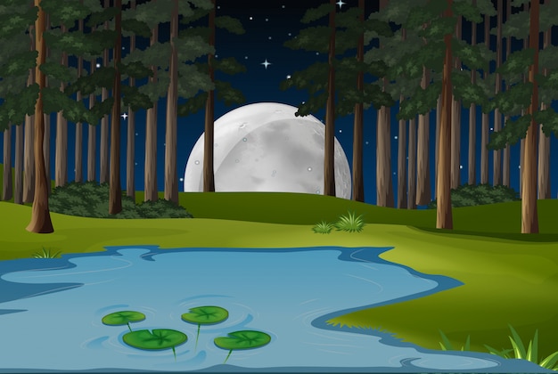 Escena de la naturaleza con luna llena y estanque en el bosque