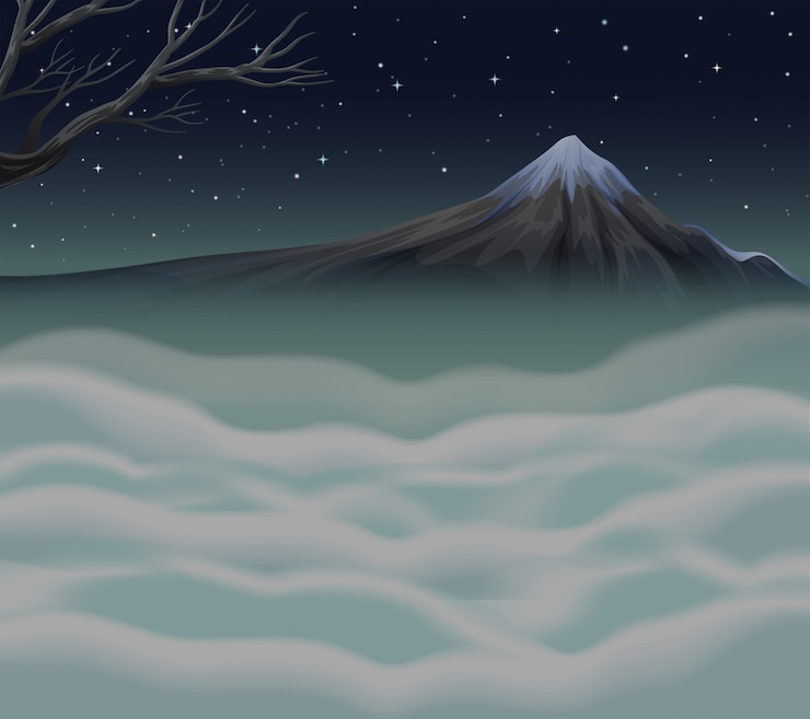 Vector escena de la naturaleza con niebla en la cima de la montaña