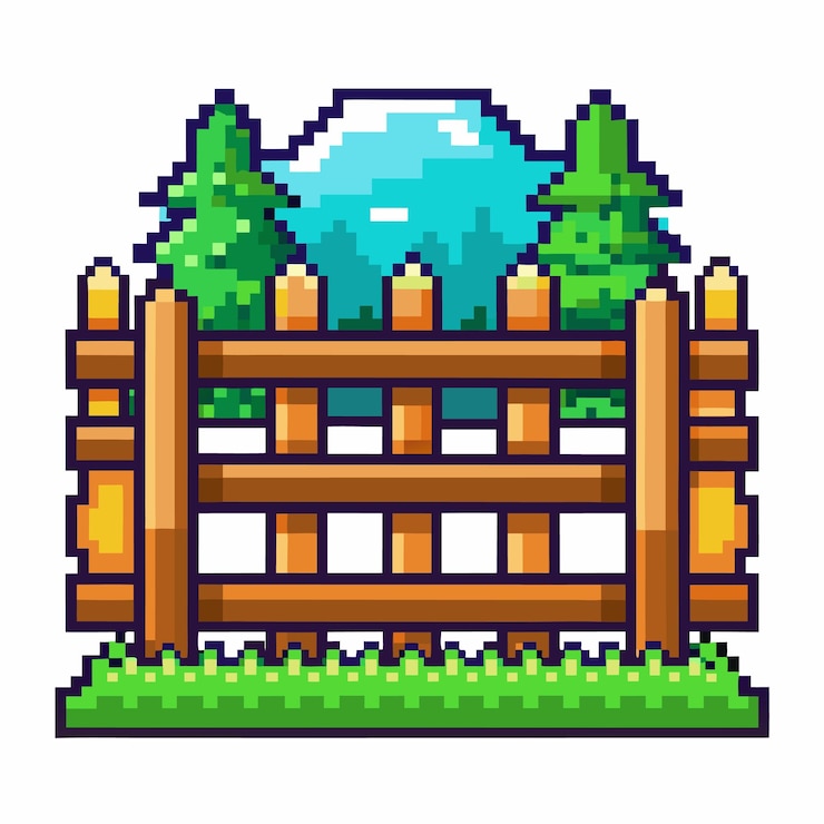 Vector escena de la naturaleza de pixel art con valla de madera pinos hierba y cielo azul