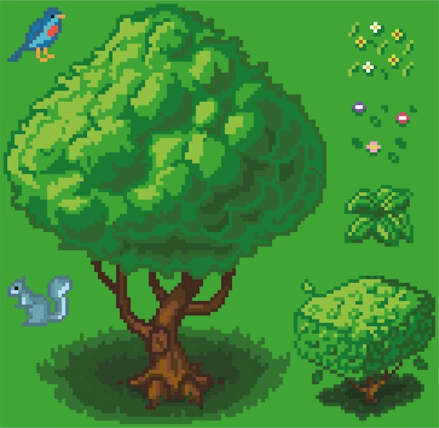 Escena de la naturaleza pixelada con pájaro de árbol y ardilla