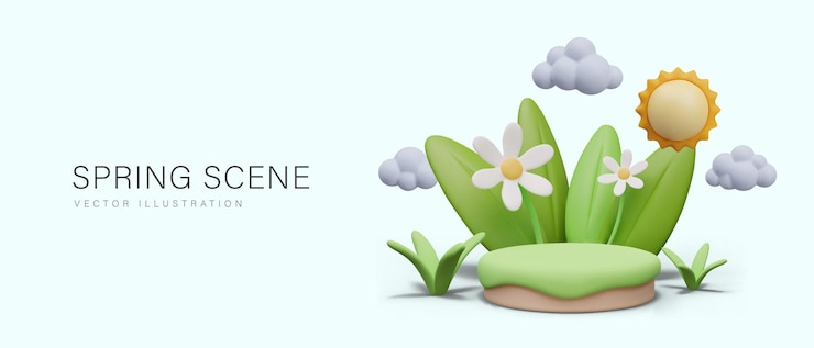 Vector escena de la naturaleza de primavera con flores de sol hojas de hierba nubes
