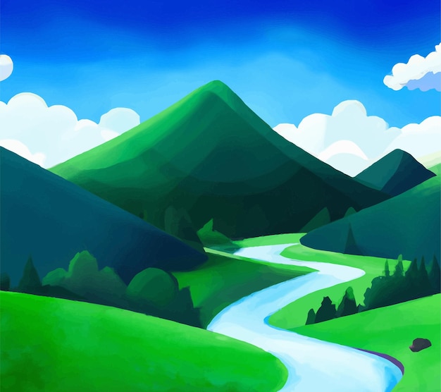 Escena de la naturaleza con río y colinas, bosque y montaña, ilustración de estilo de dibujos animados planos de paisaje