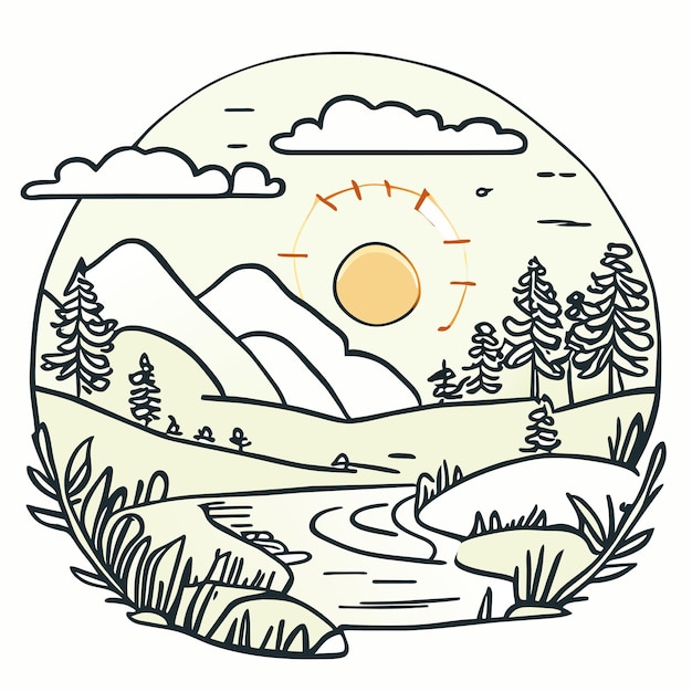 Escena de naturaleza con río y colinas, bosque y paisaje montañoso, ilustración plana al estilo de dibujos animados