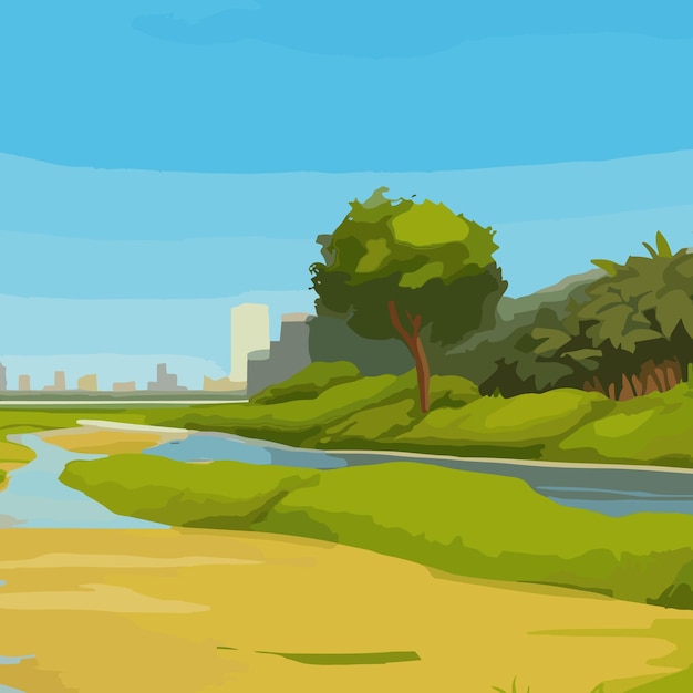 Vector escena de la naturaleza vectorial con muchos árboles y lago