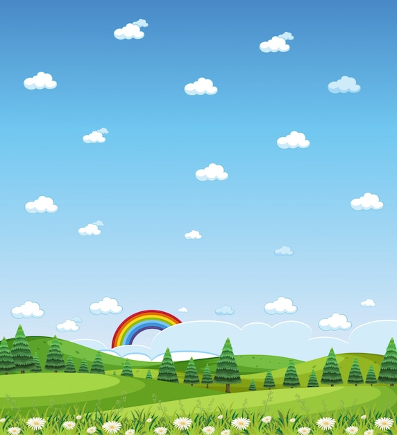 Vector escena de la naturaleza vertical o paisaje de campo con vista al bosque y arco iris en el cielo en blanco durante el día