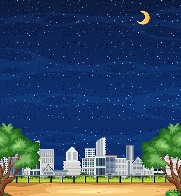 Vector escena de la naturaleza vertical o paisaje de campo con vista a la ciudad y cielo en blanco por la noche