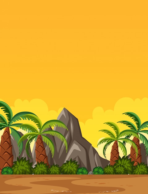 Vector escena de la naturaleza vertical o paisaje de campo con vista de palmeras y vista del cielo amarillo al atardecer