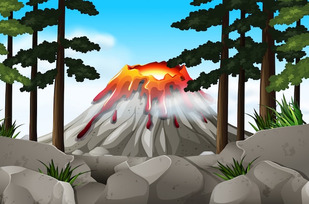 Vector escena de la naturaleza con volcan y bosque.