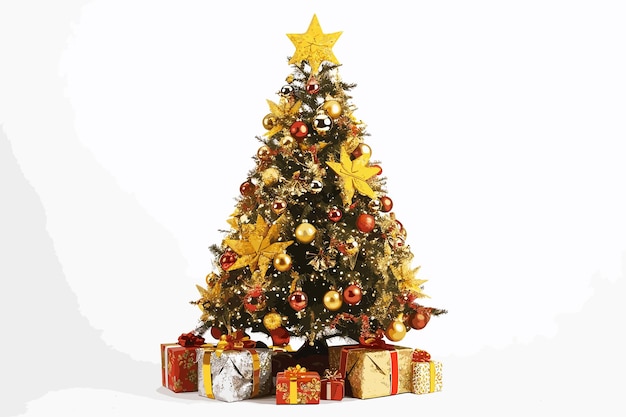 Escena navideña hecha con pinos en miniatura envueltos regalos y adornos ilustración vectorial