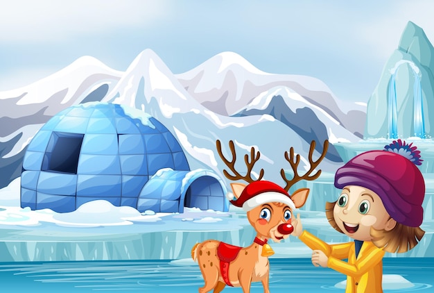 Vector escena navideña con renos y niña.
