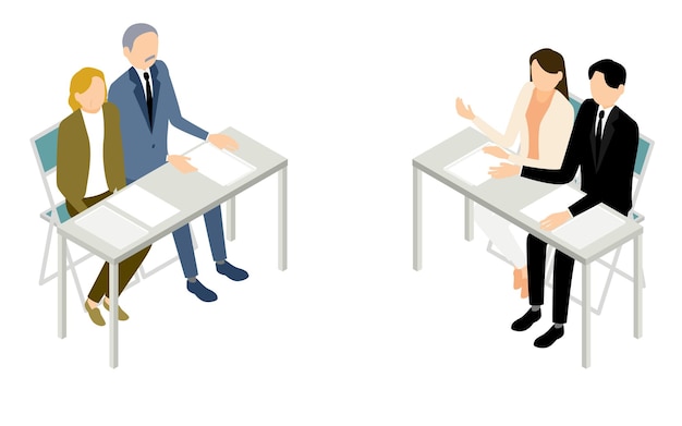 Escena de negocios empresarios discutiendo en reuniones isométricas.